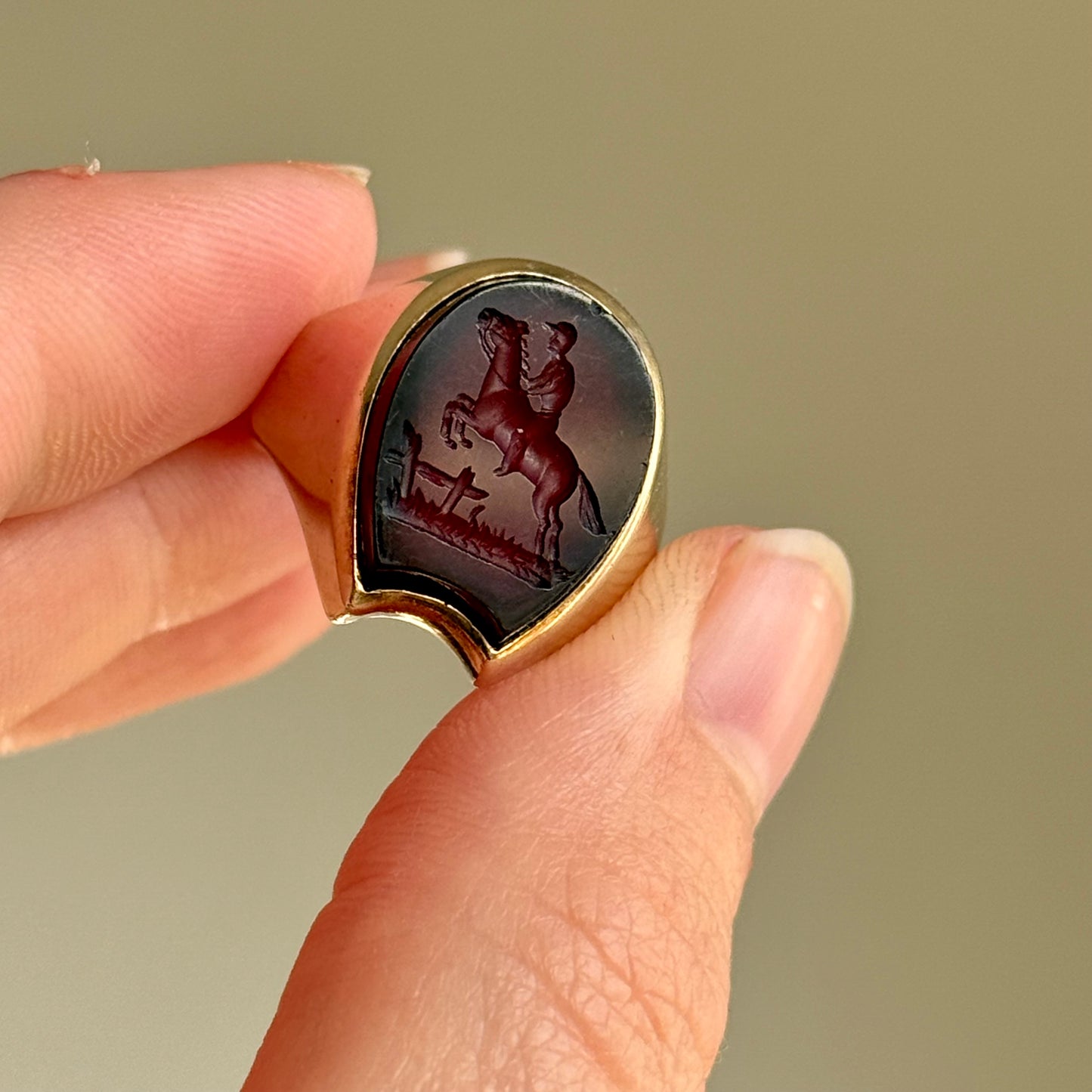 Antique Horseshoe Carnelian Signet Ring in 9 Carat Gold; Circa 1890