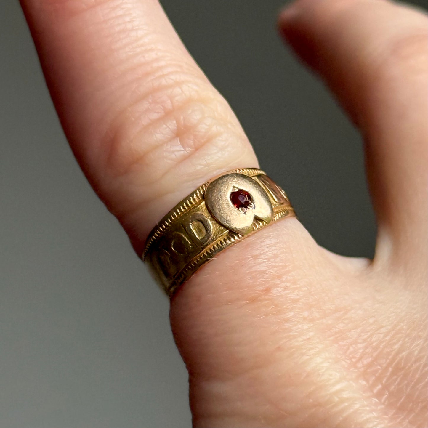 Antique Victorian Good Luck Garnet Ring in 18 Carat Gold; Circa 1855