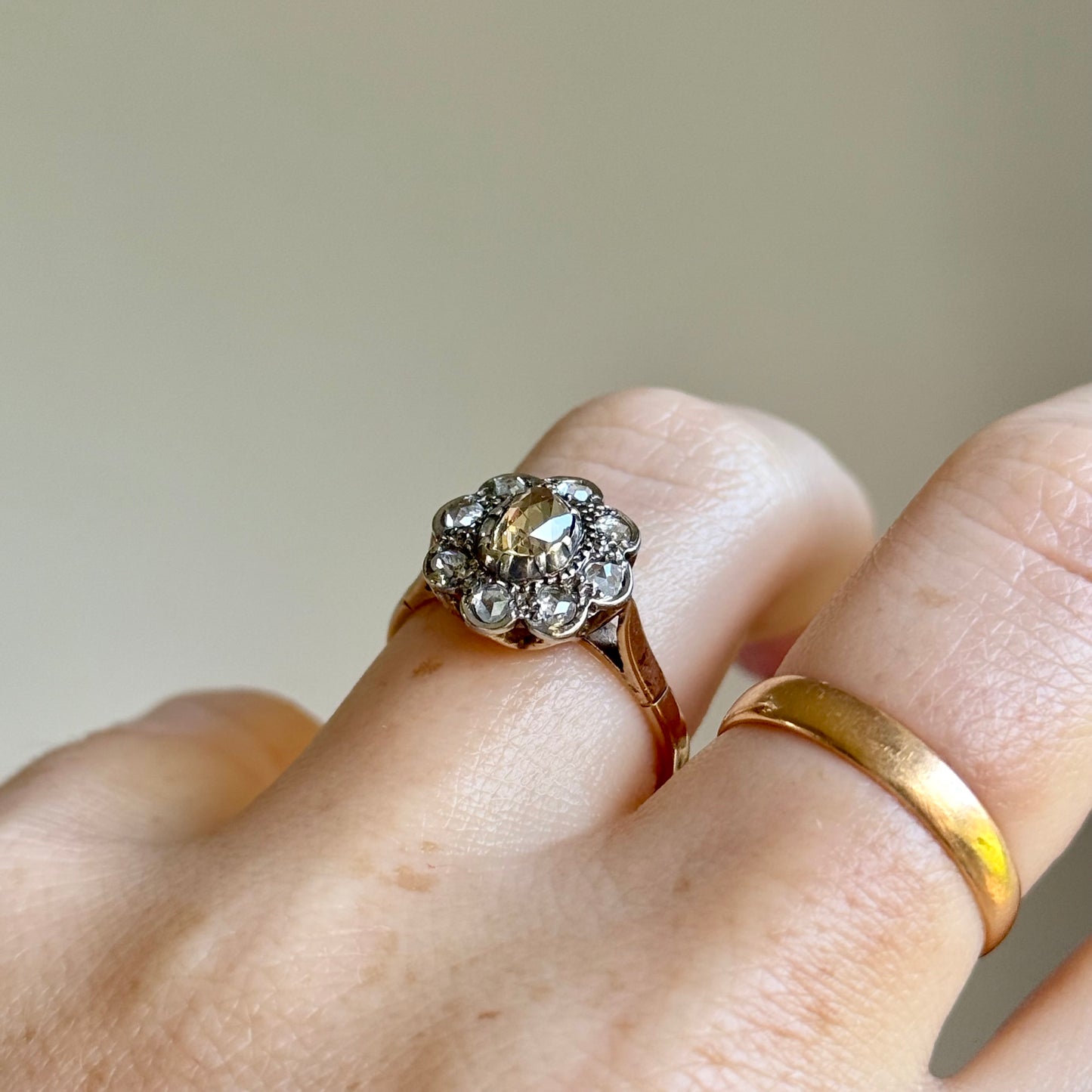 Antique Rose Cut Cluster Ring in 14 Carat Gold; Circa 1880