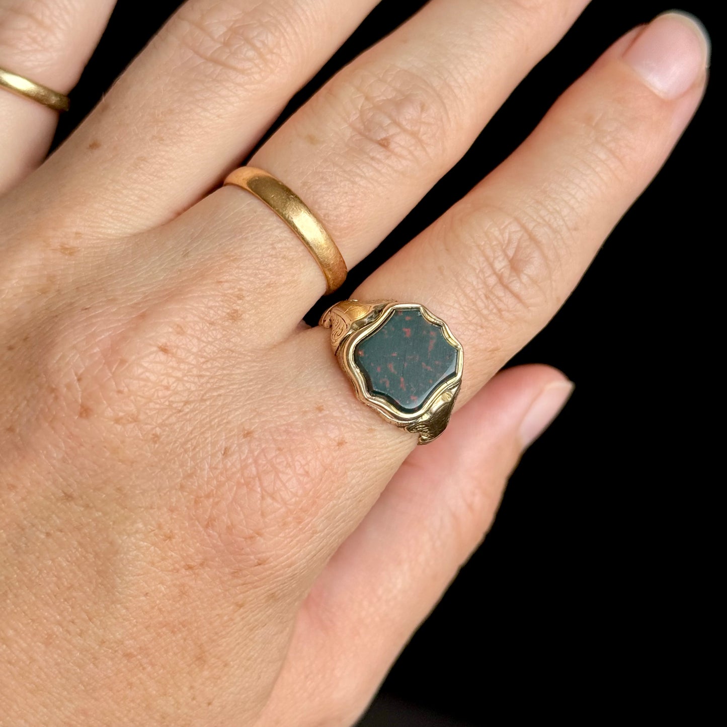Victorian Bloodstone Locket Signet Ring; Circa 1870