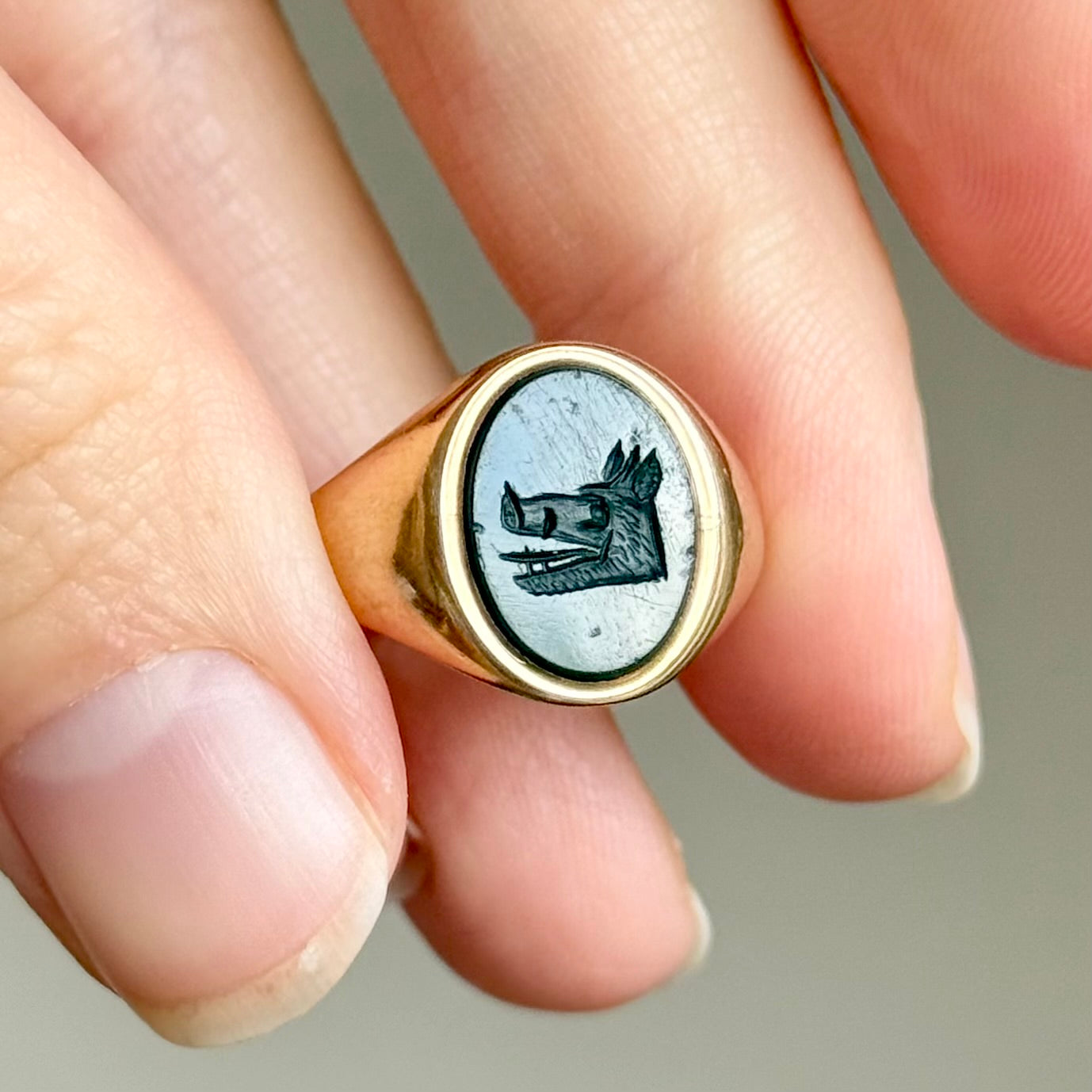 Bloodstone Boars Head Signet Ring in 9 Carat Gold, Circa 1936