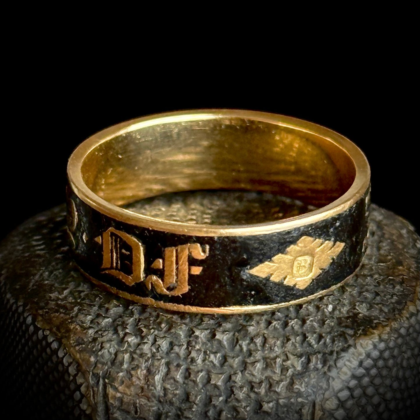 Antique Victorian Enamel Mourning Ring in 18 Carat Gold; Circa 1877