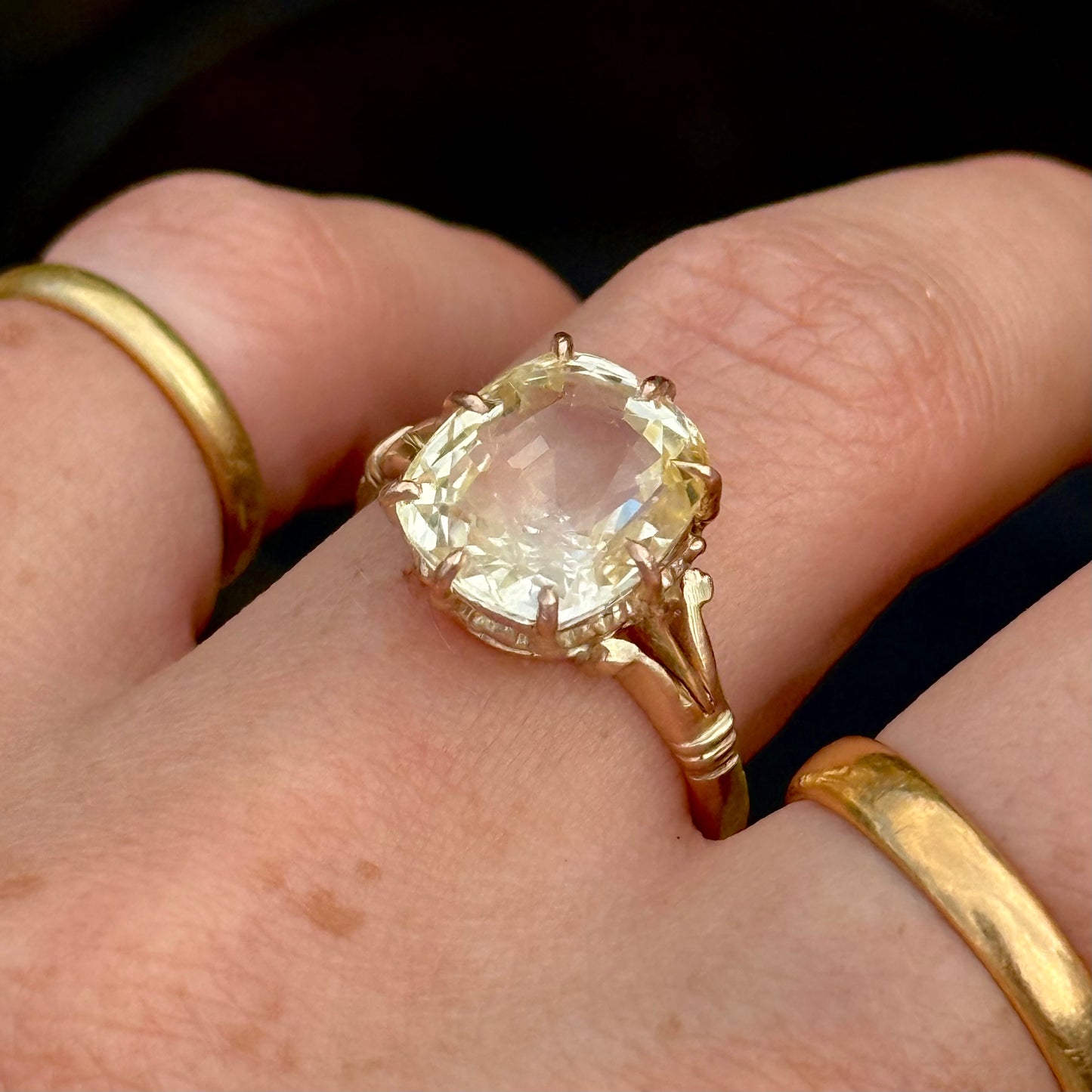 Antique Yellow Sapphire Cushion Cut Ring; Circa 1910