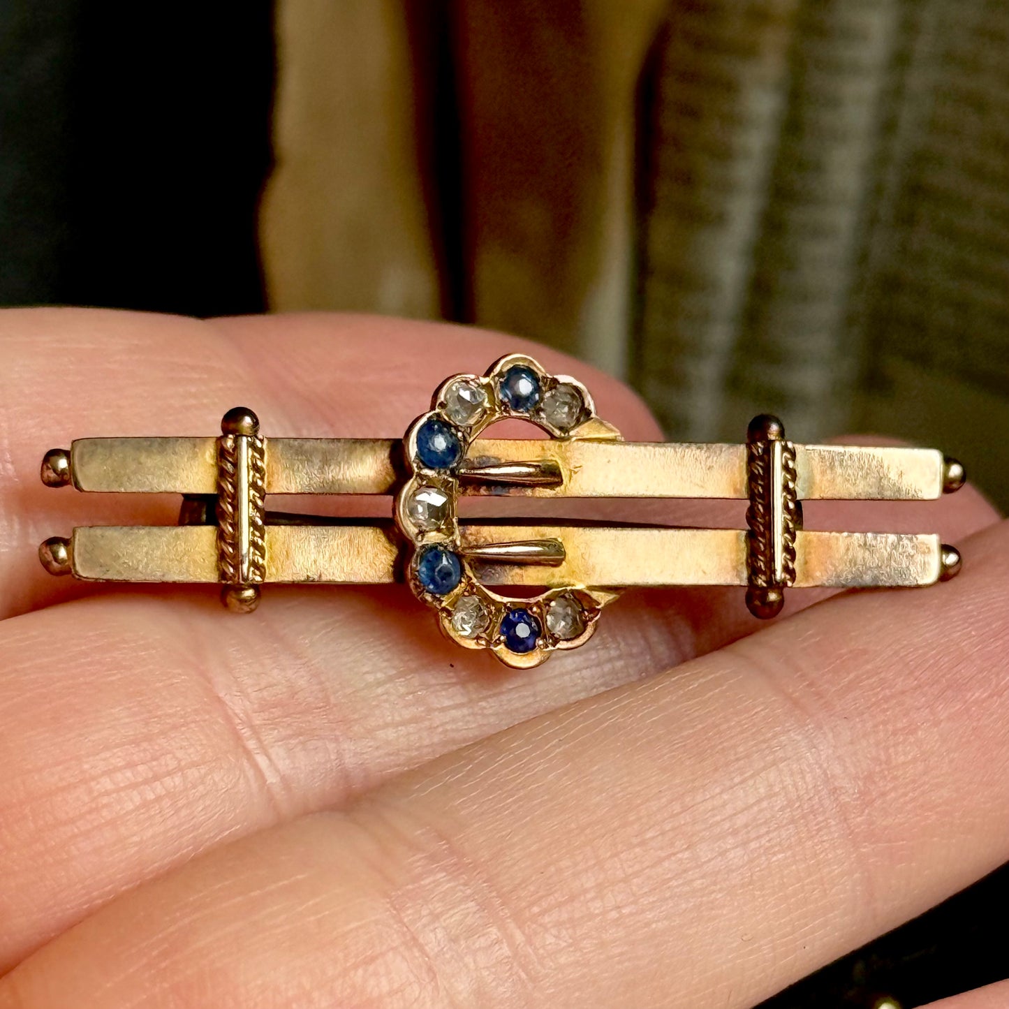 Antique Sapphire & Diamond Brooch in 9 Carat Gold; Circa 1901