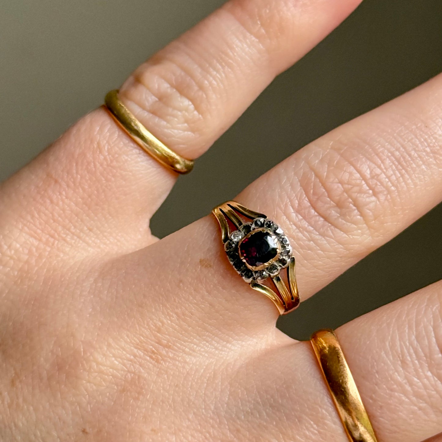 Antique Georgian Garnet & Diamond Ring in 15 Carat Gold; Circa 1830