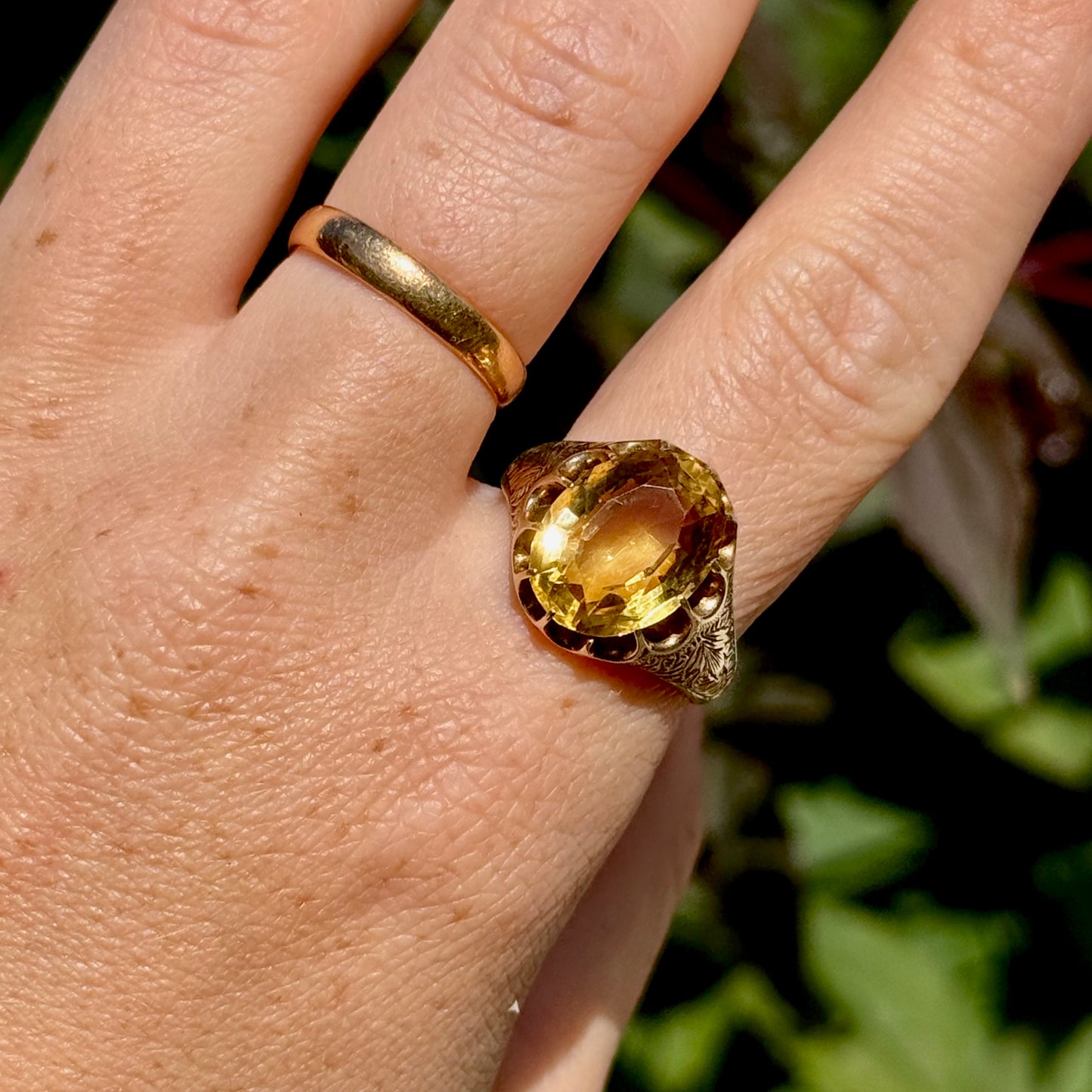 Victorian Citrine Engraved Ring in 9 Carat Gold ; Circa 1900
