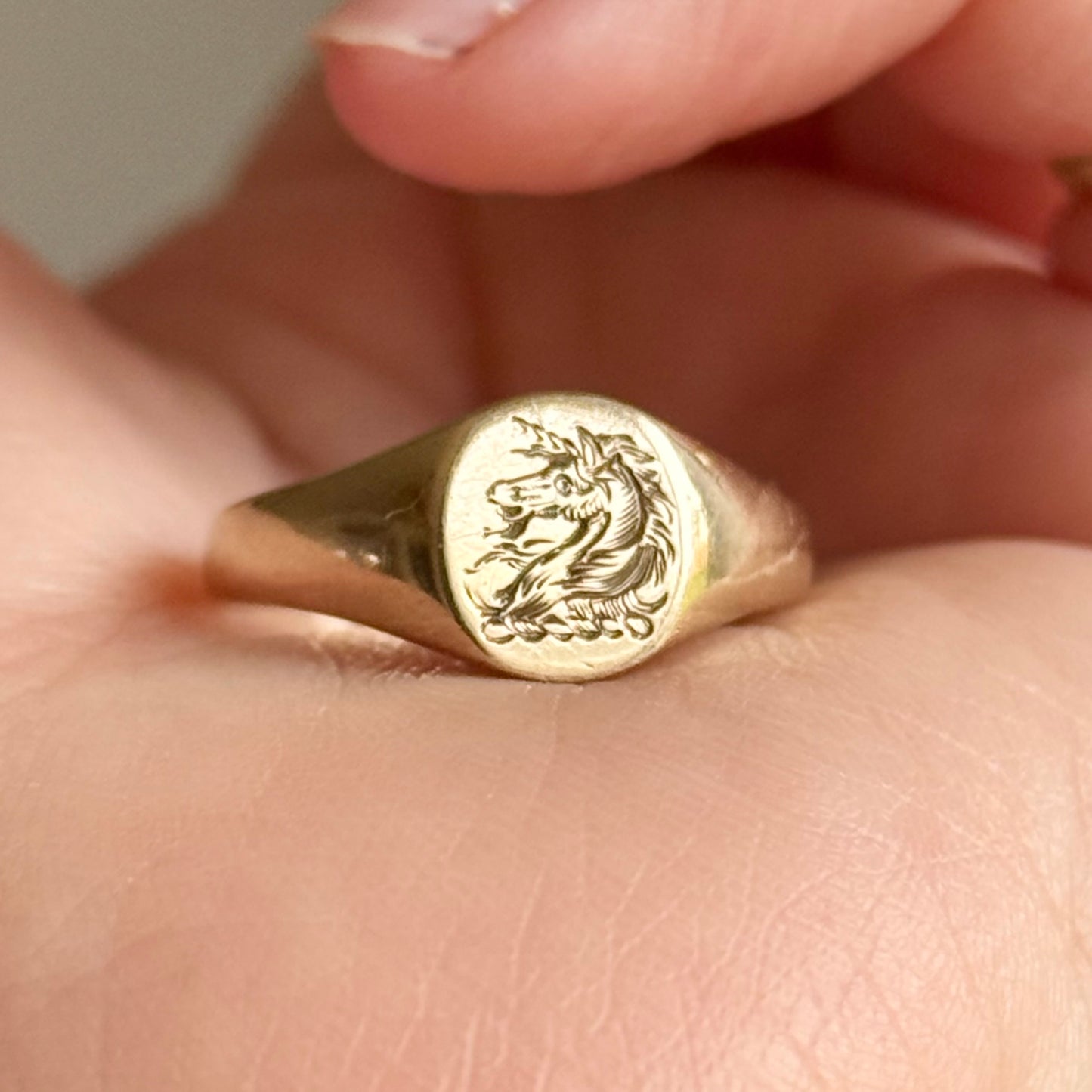 Vintage Unicorn Heraldic Signet Ring in 9 Carat Gold; Circa 1989