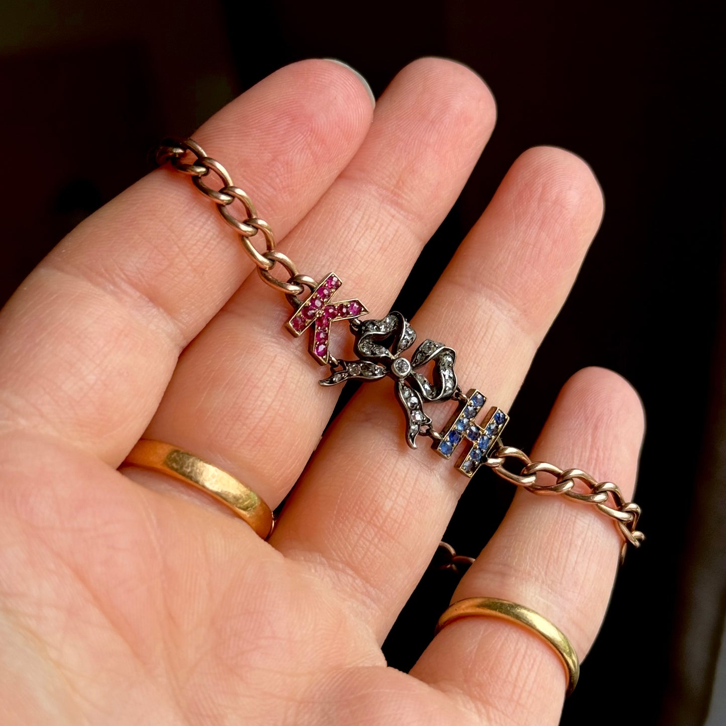 Antique 'K H' Diamond, Ruby & Sapphire Bracelet in 9 Carat Gold