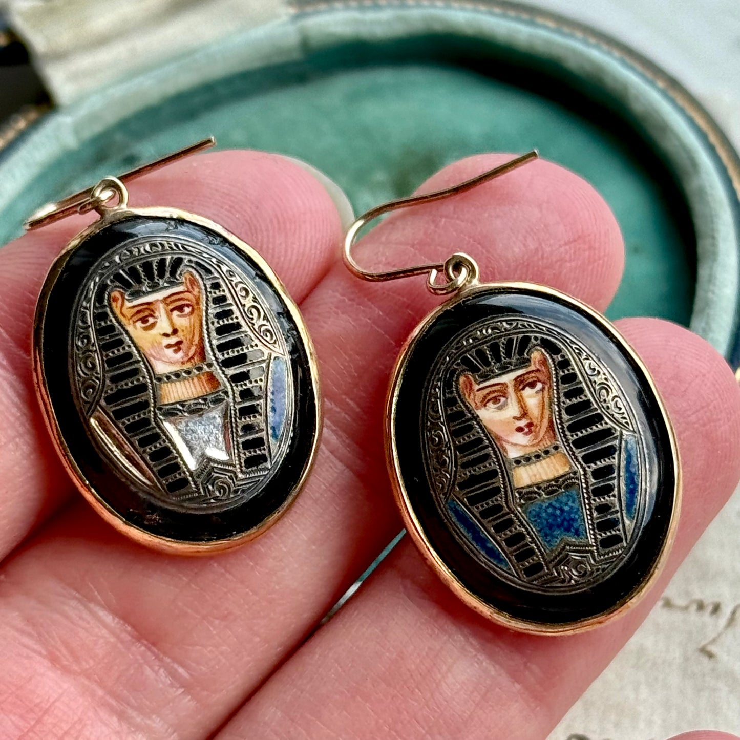 Antique Egyptian Revival Enamel Pharaoh Earrings in 14 Carat Gold