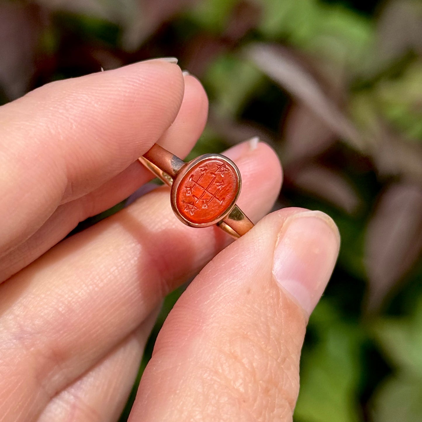 Edwardian Baha’i Ring Stone Ring in 9 Carat Rose Gold; Circa 1900