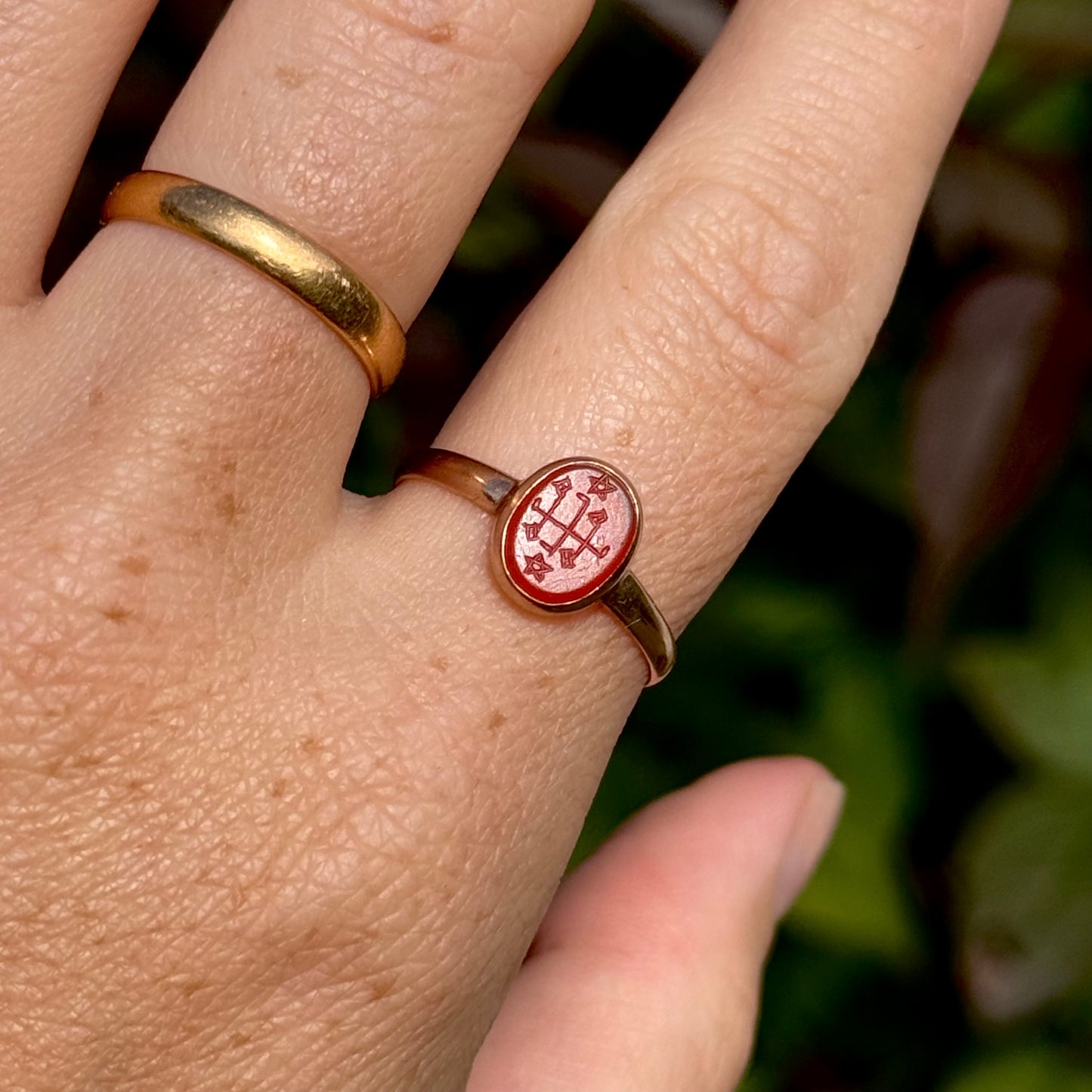 Edwardian Baha’i Ring Stone Ring in 9 Carat Rose Gold; Circa 1900