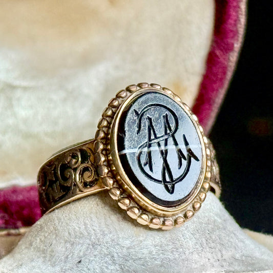 Victorian Intaglio Agate Mourning Ring'; Circa 1867