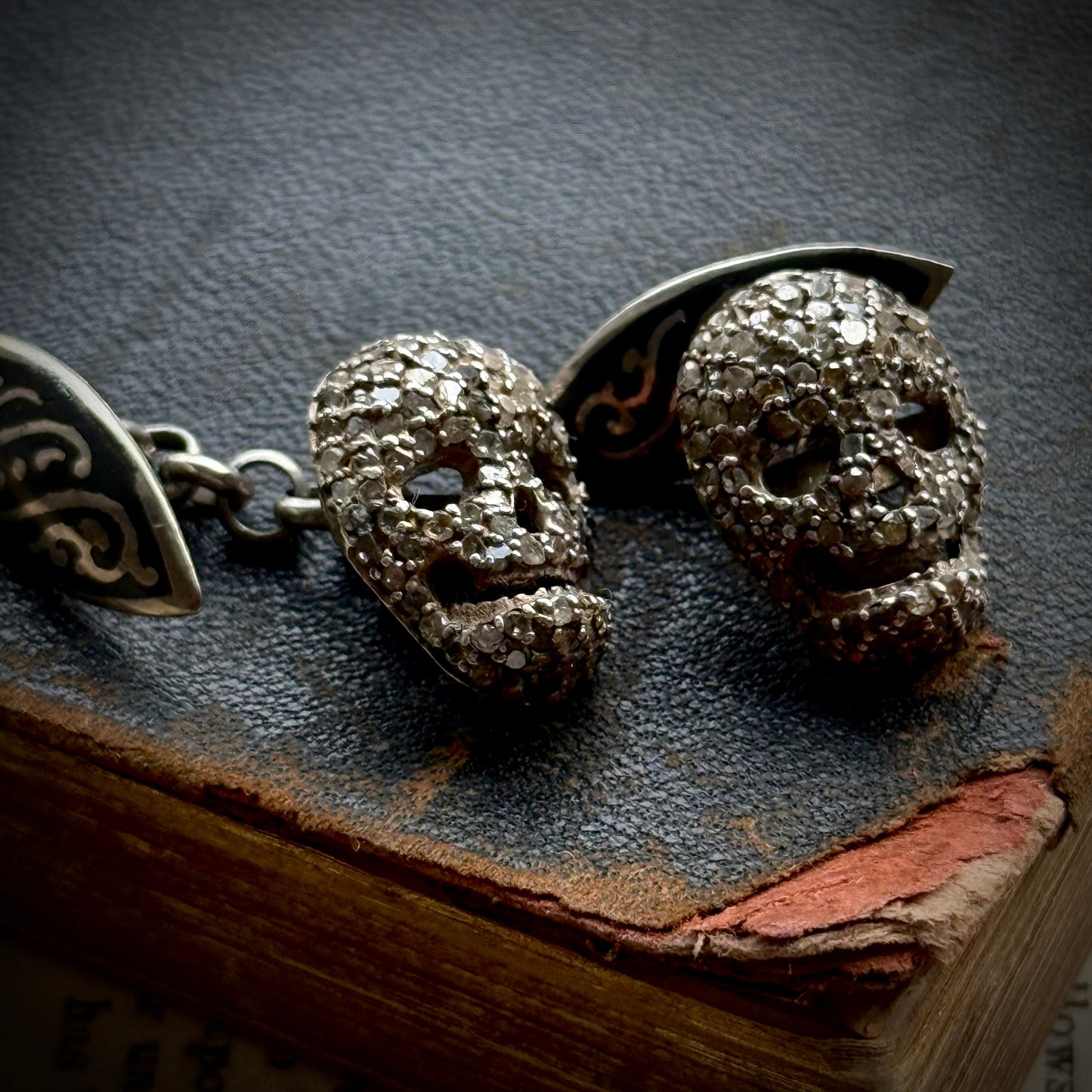 Preloved Silver & Diamond Skull Cufflinks with Black Enamel Detail