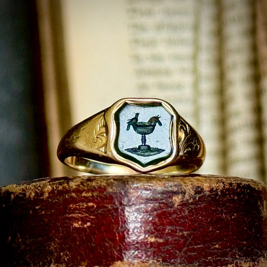 Antique Love Bird Intaglio Signet Ring in 9 Carat Gold; Circa 1860