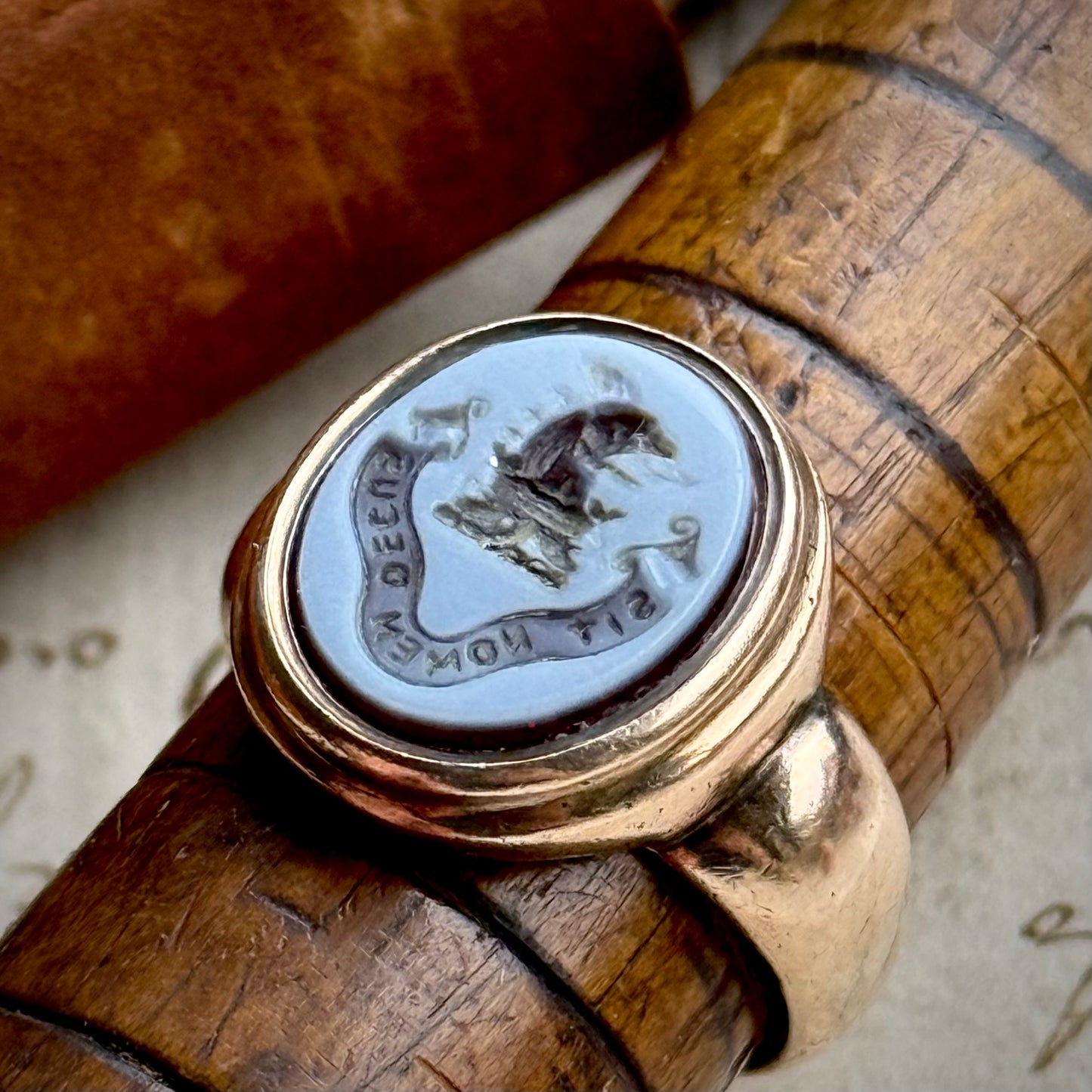 Antique Victorian Sardonyx Signet Ring in 9 Carat Rose Gold; Circa 1897