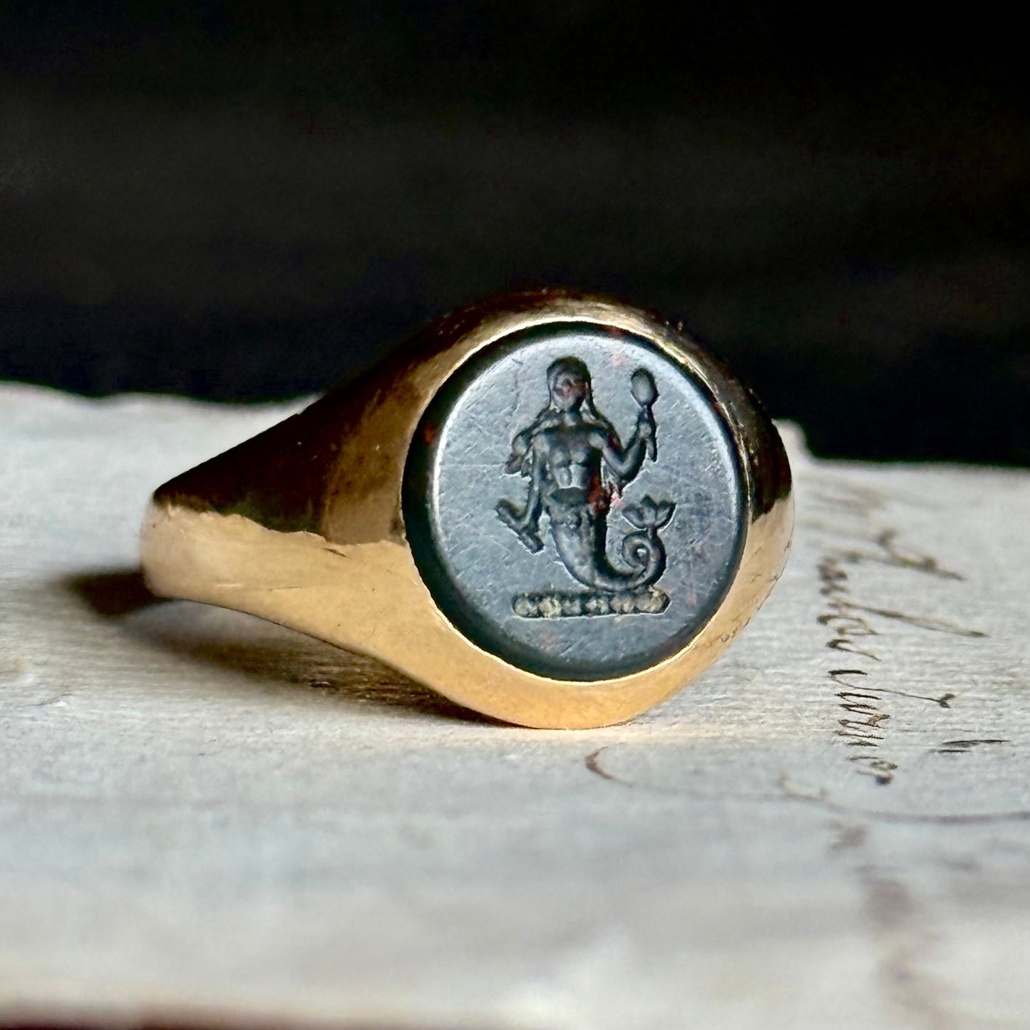 Victorian Bloodstone Mermaid Intaglio Signet Ring in 18 Carat Gold