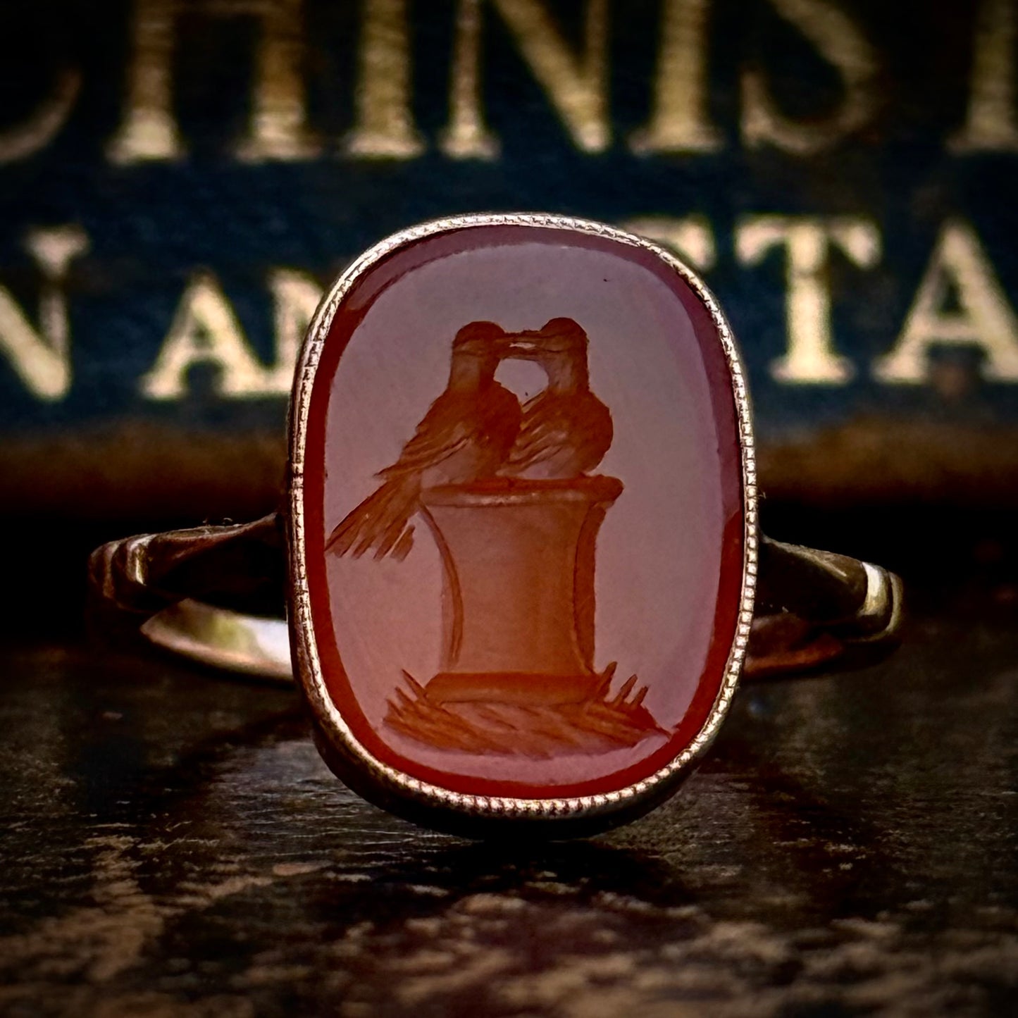 Antique Victorian Love Birds Intaglio Ring in 9 Carat Gold