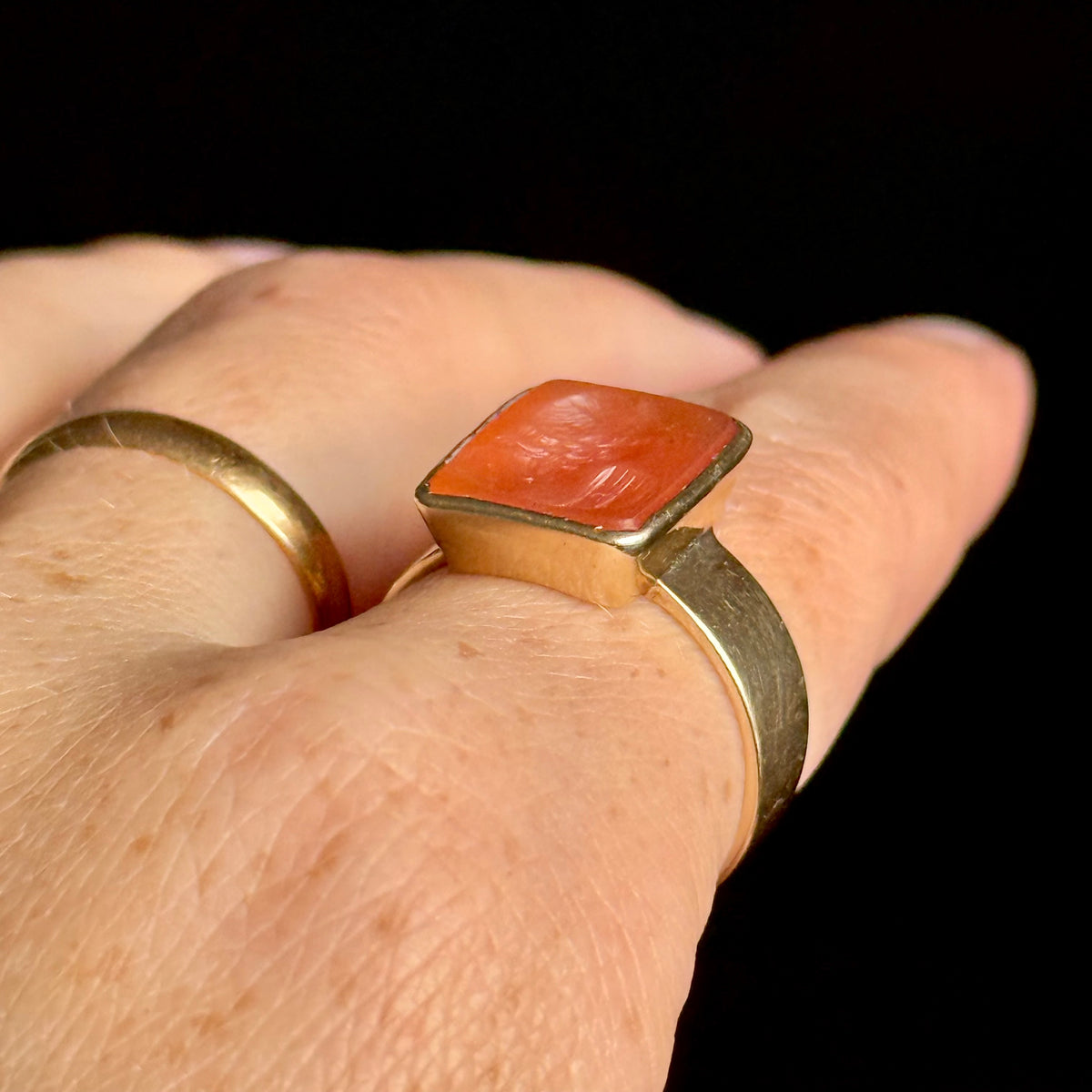 Antique Carnelian Female Intaglio Ring in 9 Carat Gold; Circa 1850