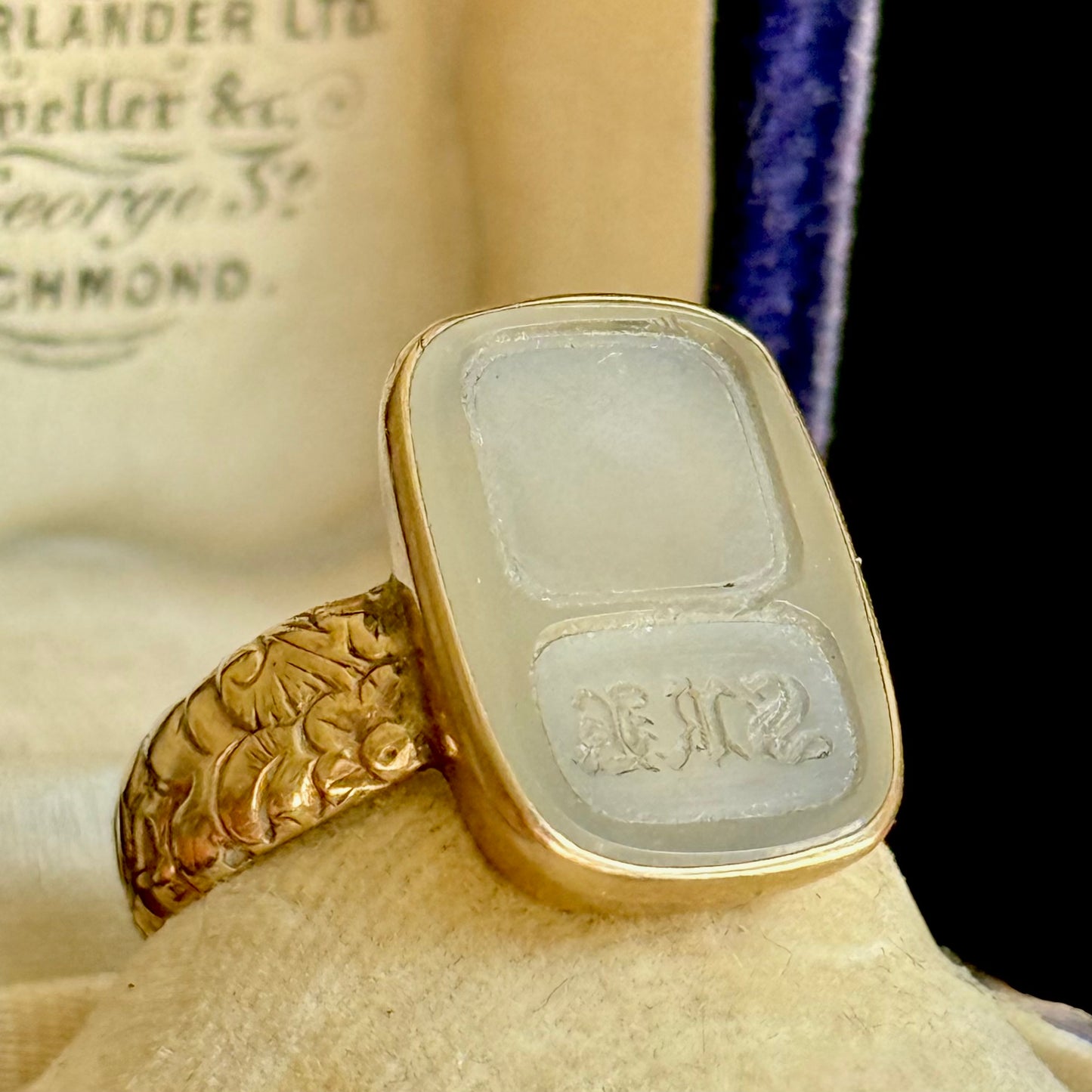 Monogrammed Chalcedony Ring in 9 Carat Gold