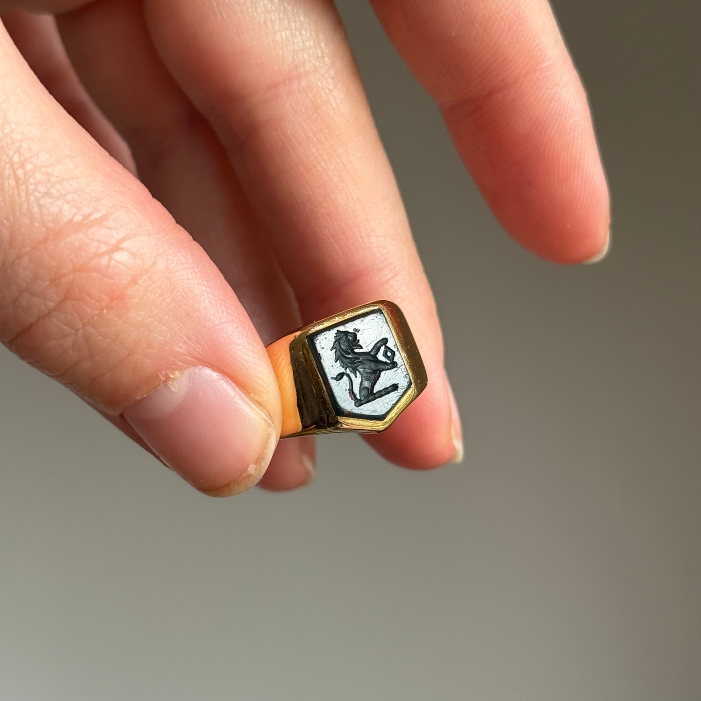 Antique Bloodstone Lion Signet Ring in 18 Carat Gold; Circa 1880