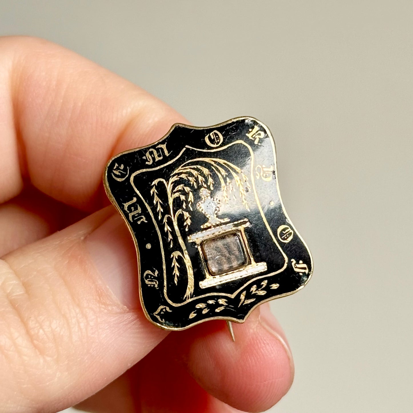 Victorian Enamel Mourning Brooch with Hair Locket; Circa 1850