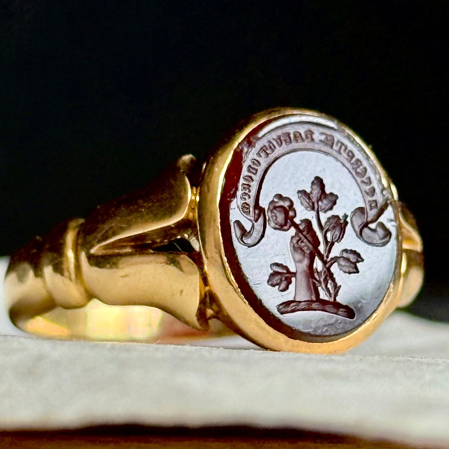 Victorian Carnelian Rose Intaglio Signet Ring; Circa 1891