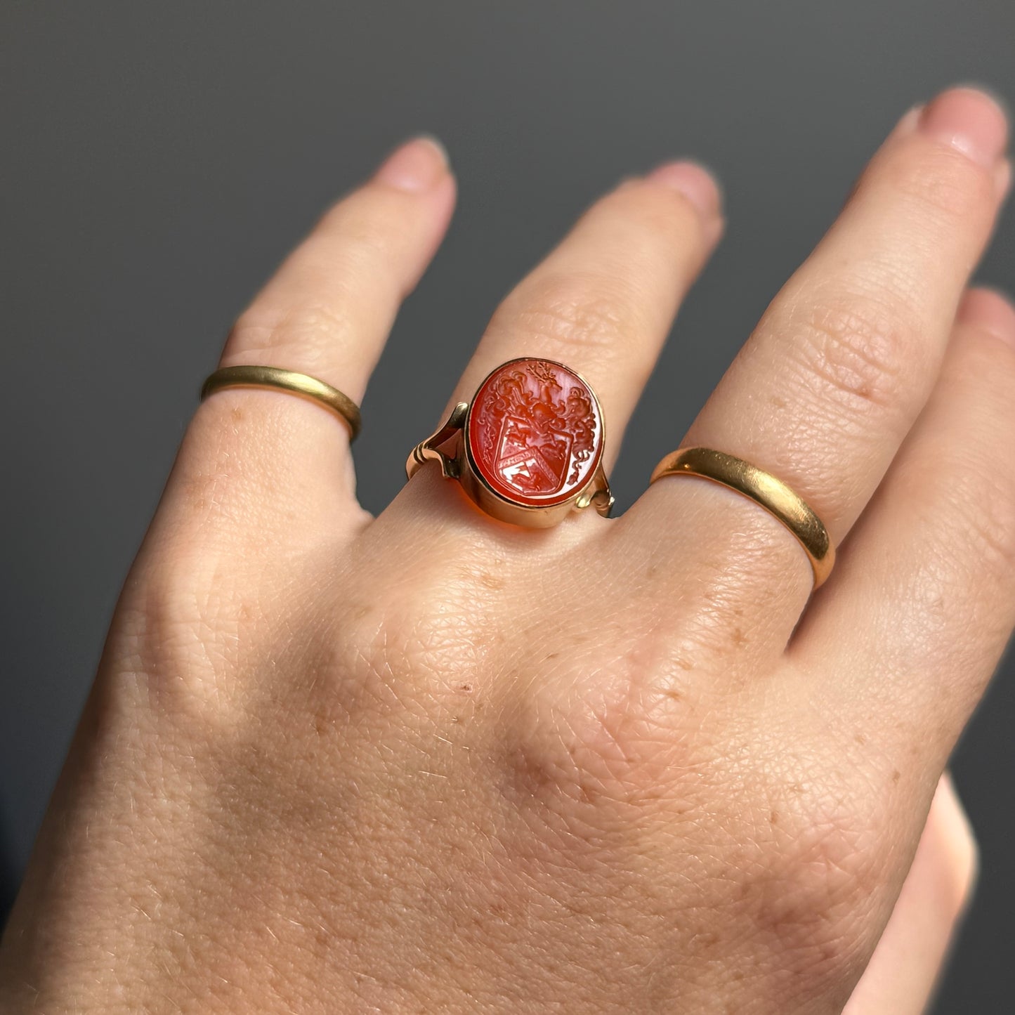 Vintage Ornate Carnelian Intaglio Ring in 9 Carat Gold; Circa 1989