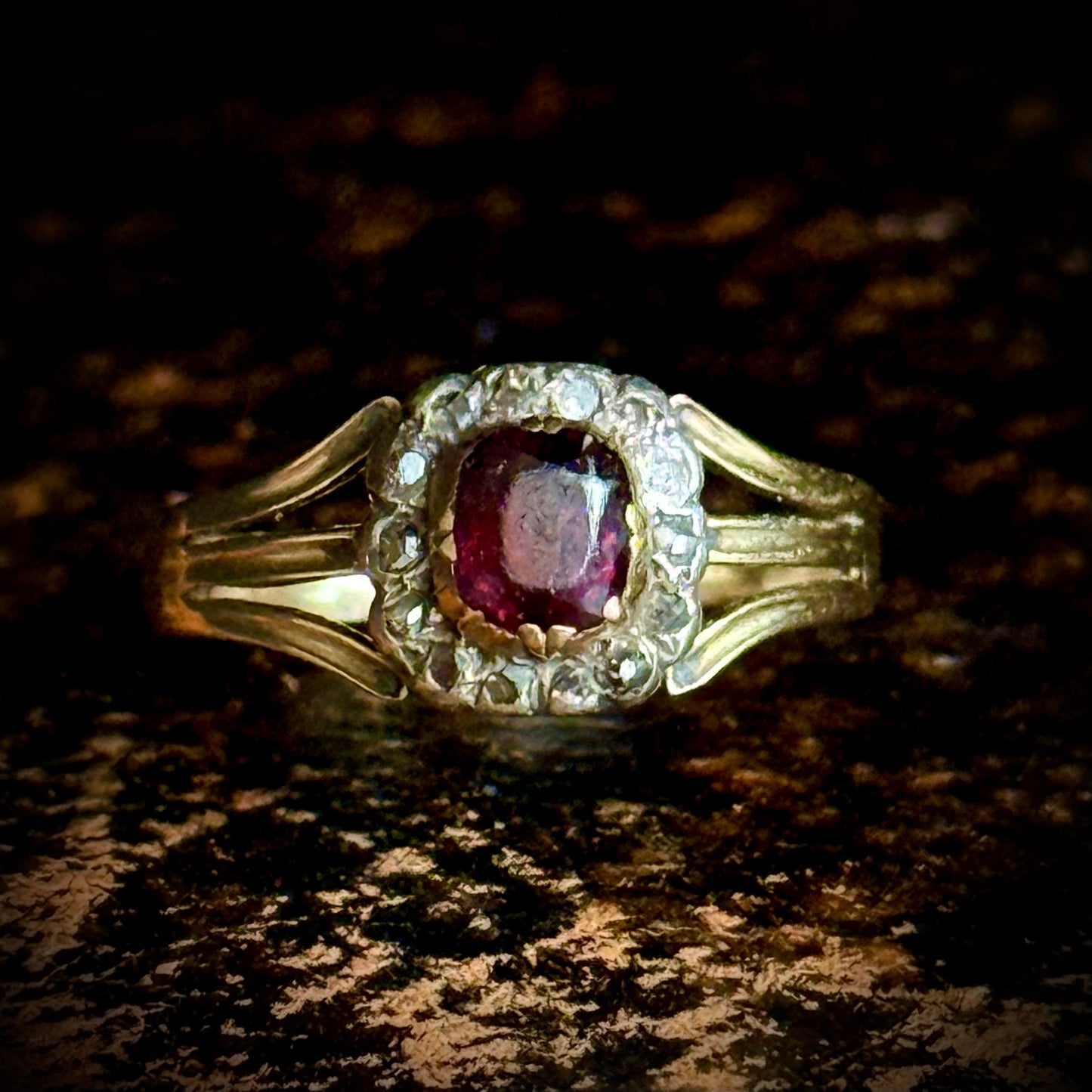 Antique Georgian Garnet & Diamond Ring in 15 Carat Gold; Circa 1830