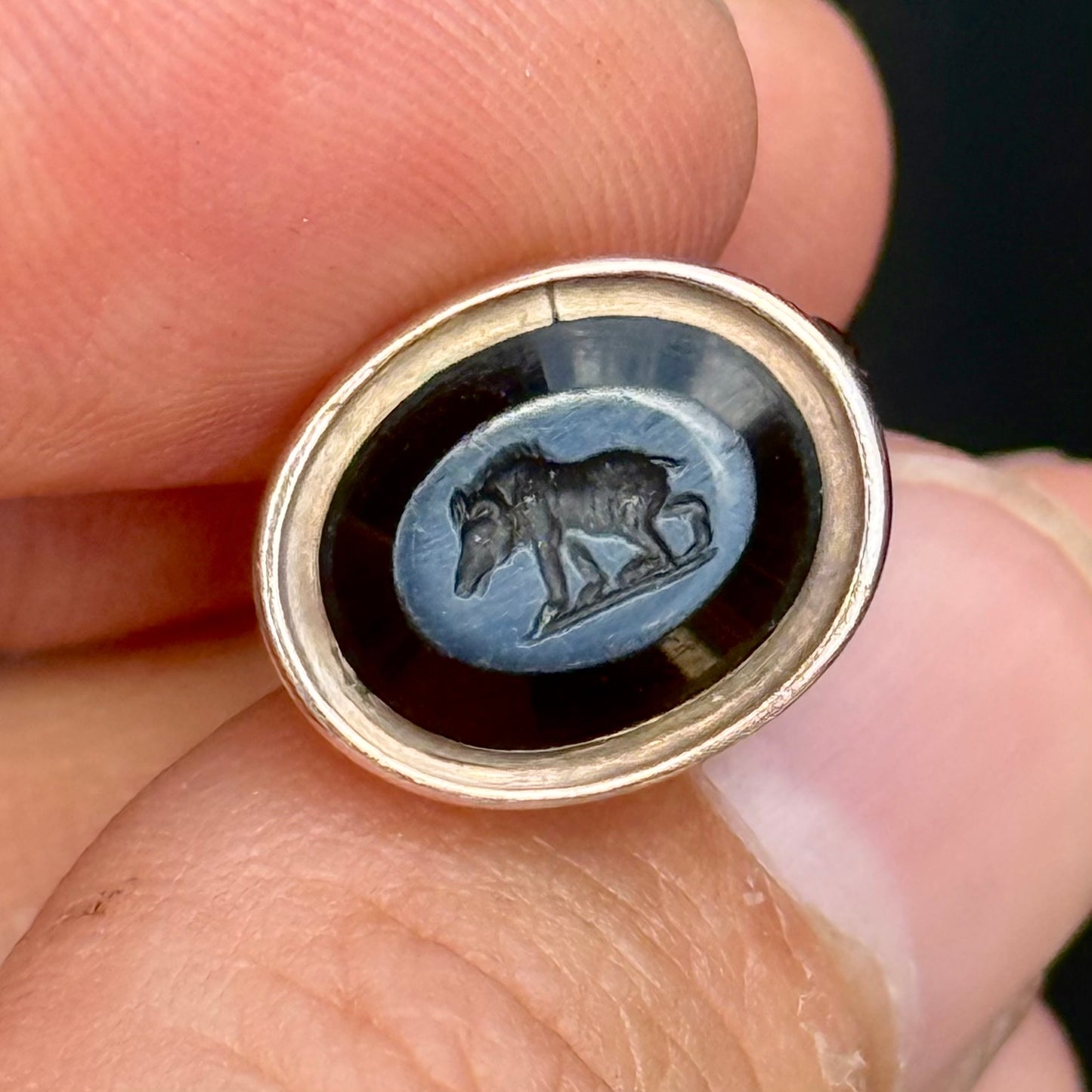 Antique Georgian Fob Set With Ancient Boar Intaglio Pendant