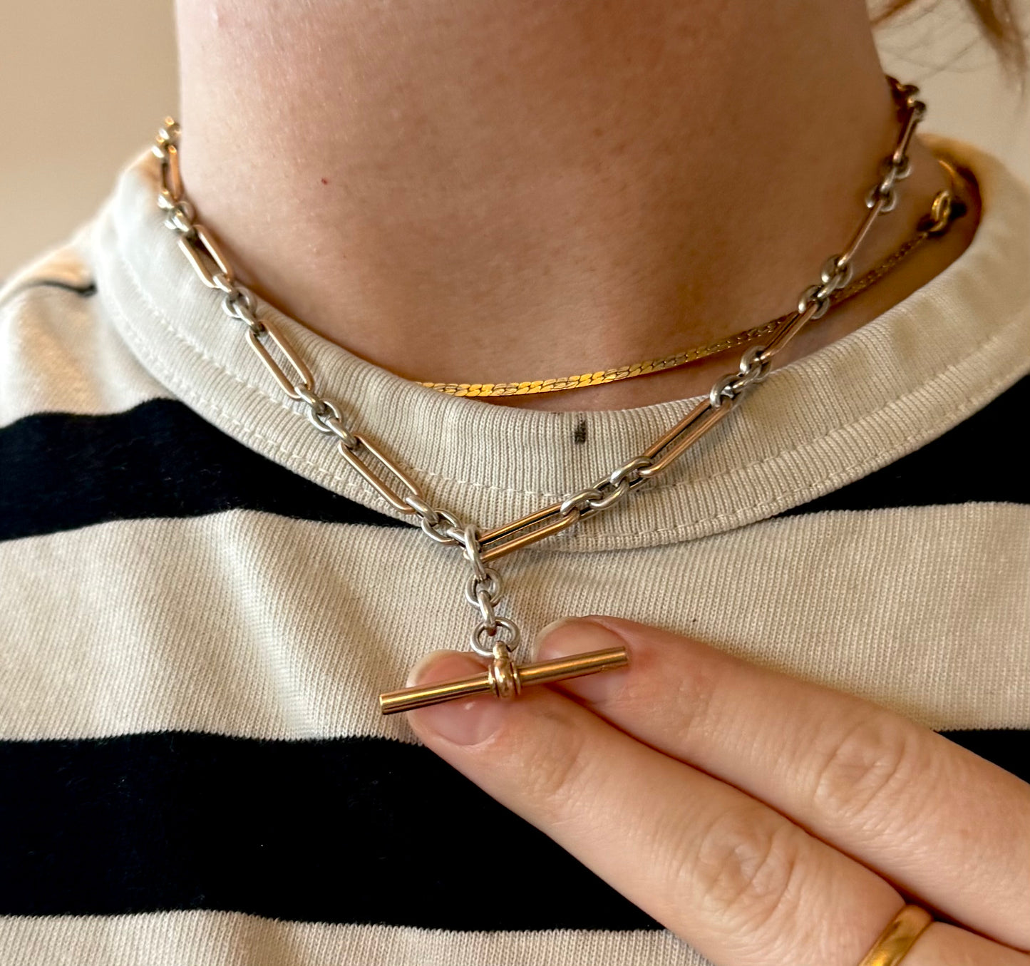 Antique Trombone Rose Gold & Silver Albert Chain; Circa 1880