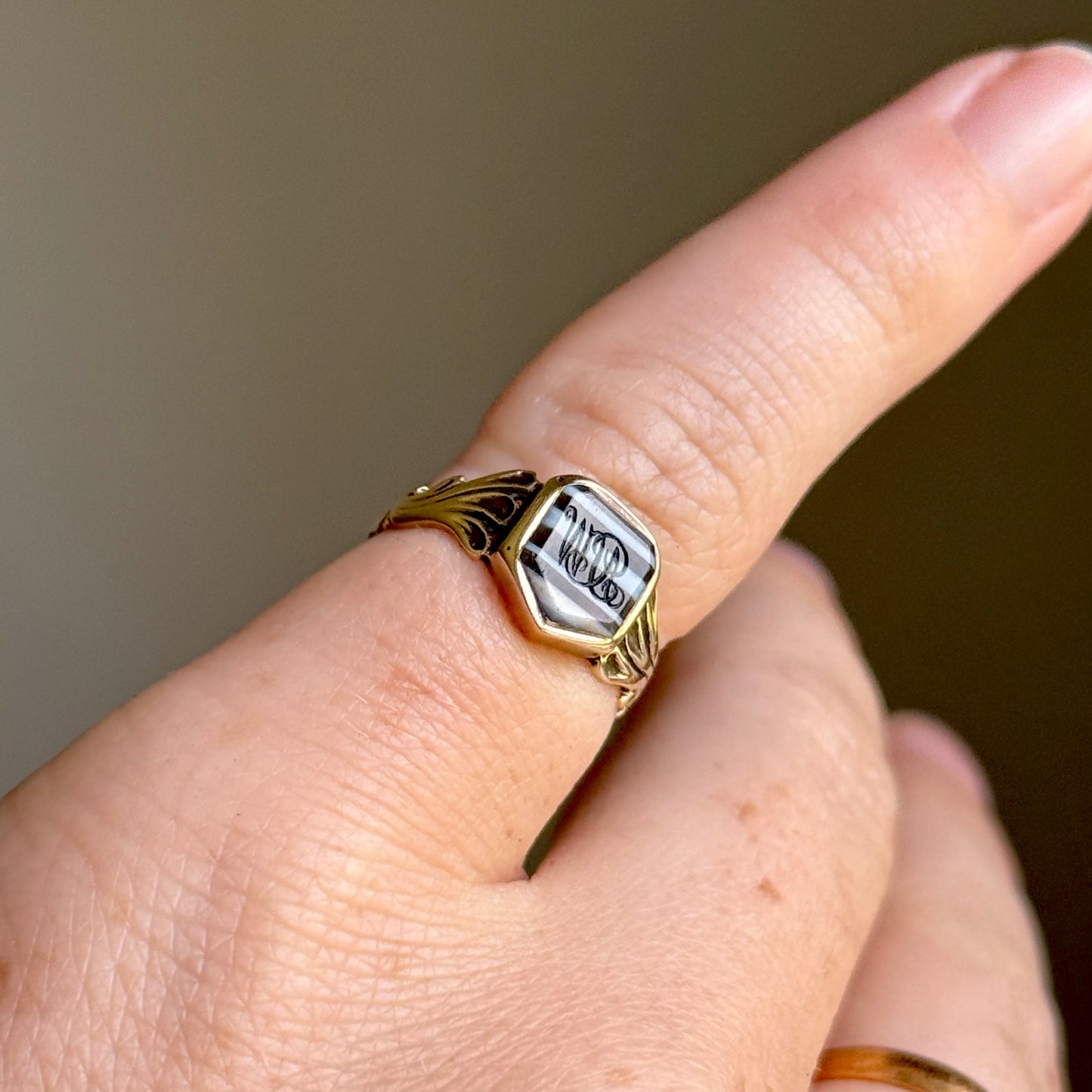 Antique Banded Agate Monogram Signet Ring