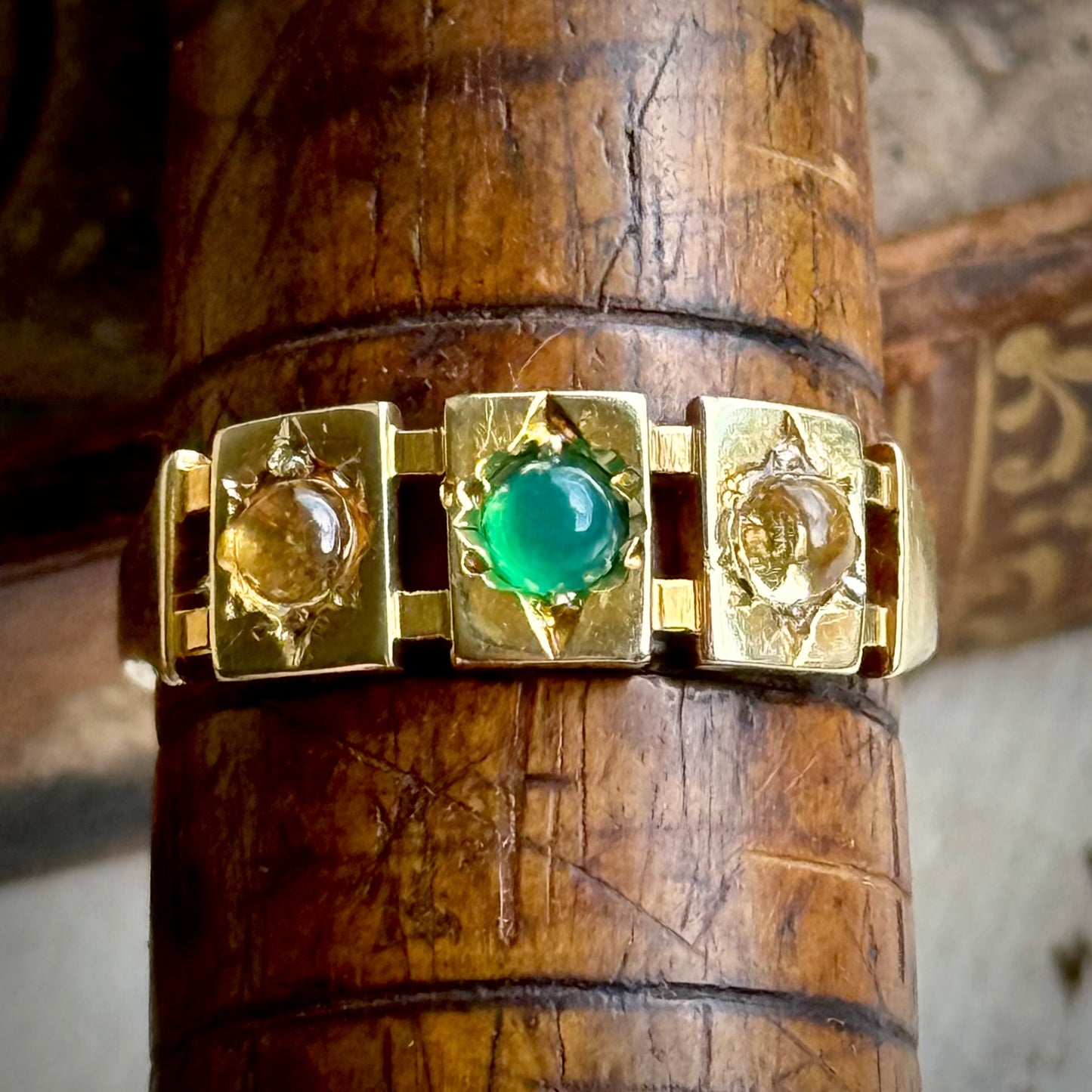 Antique Victorian Citrine & Emerald Ring in 15 Carat Gold