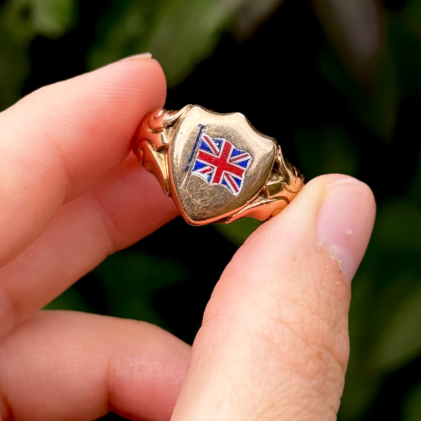 Antique First World War Enamel Signet Ring in 9 Carat Rose Gold; Circa 1914