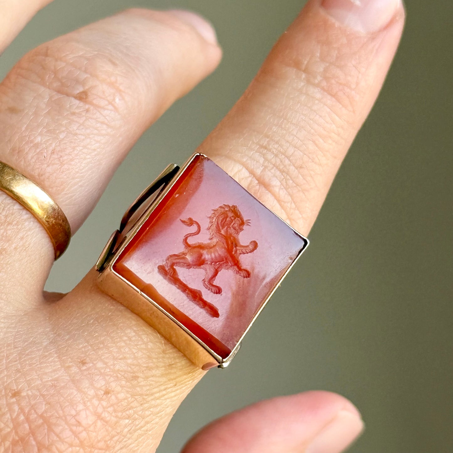 Substantial Antique Carnelian Intaglio Ring in 9 Carat Gold