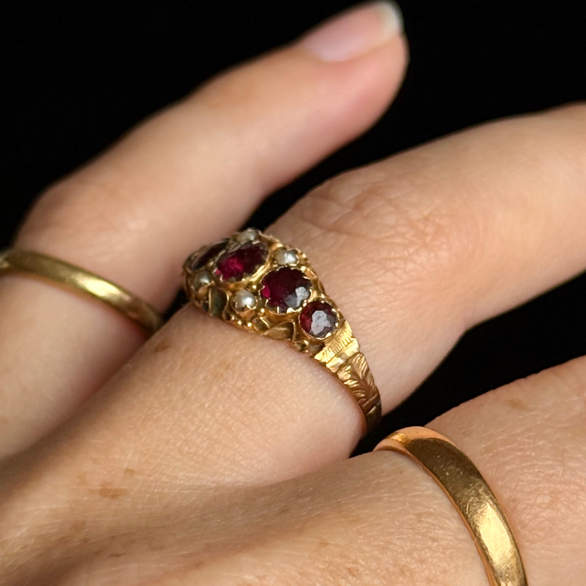 Antique Victorian Garnet & Pearl Ring in 9 Carat Gold; Circa 1870