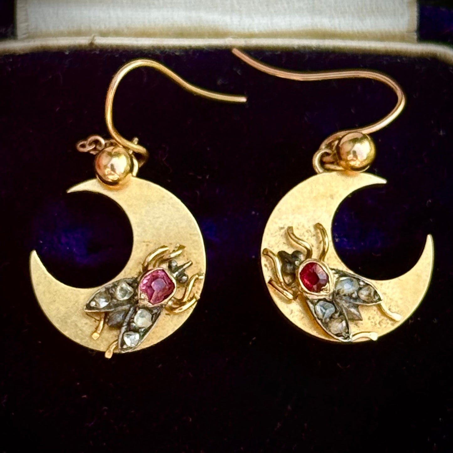 Victorian Crescent Moon Diamond & Ruby Fly Earrings