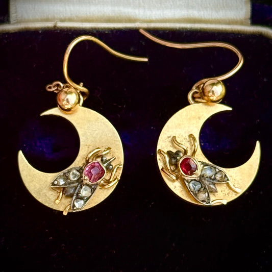 Victorian Crescent Moon Diamond & Ruby Fly Earrings