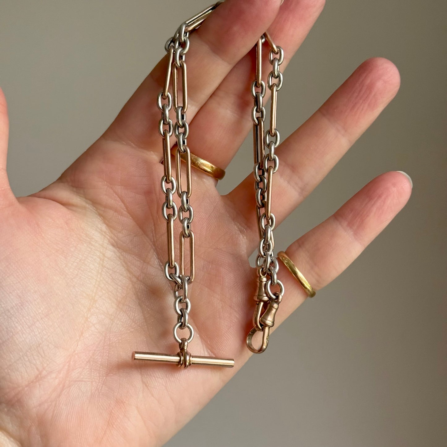 Antique Trombone Rose Gold & Silver Albert Chain; Circa 1880