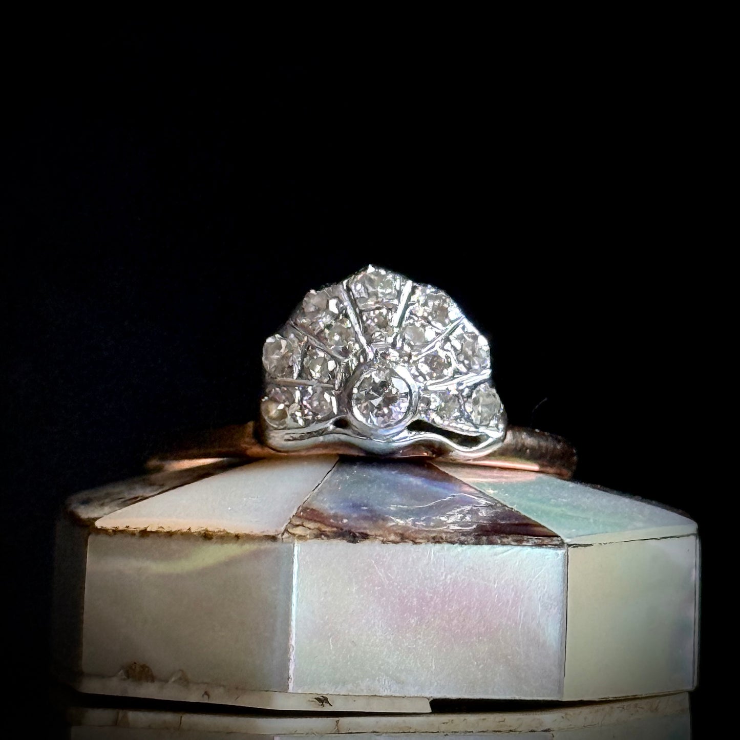 Art Deco Diamond Fan Ring in 9 Carat Gold; Circa 1920