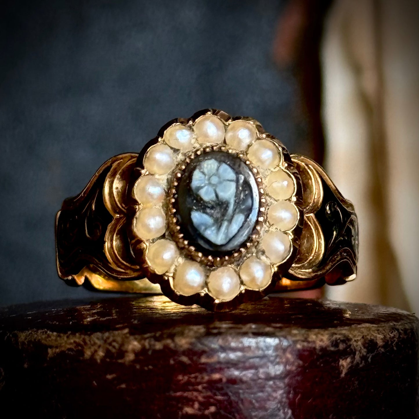 Antique Forget Me Not Mourning Ring in 18 Carat Gold; Circa 1851