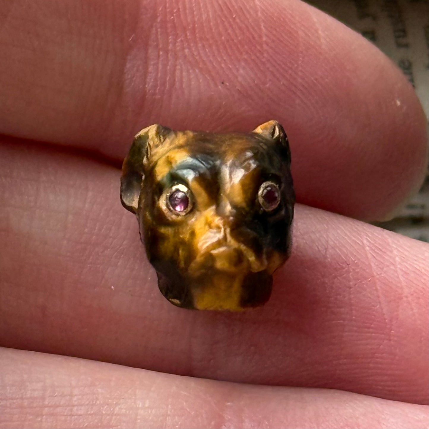 Antique Carved Tiger's Eye Pug Pendant With Ruby Eye's