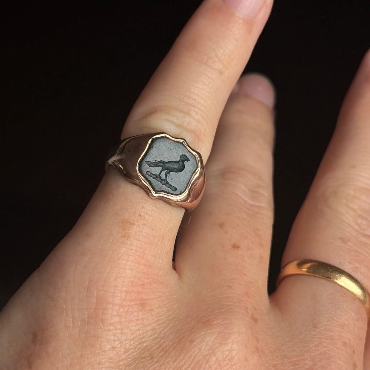 Antique Bird Bloodstone Intaglio Ring 9 Carat Rose Gold; Circa 1890