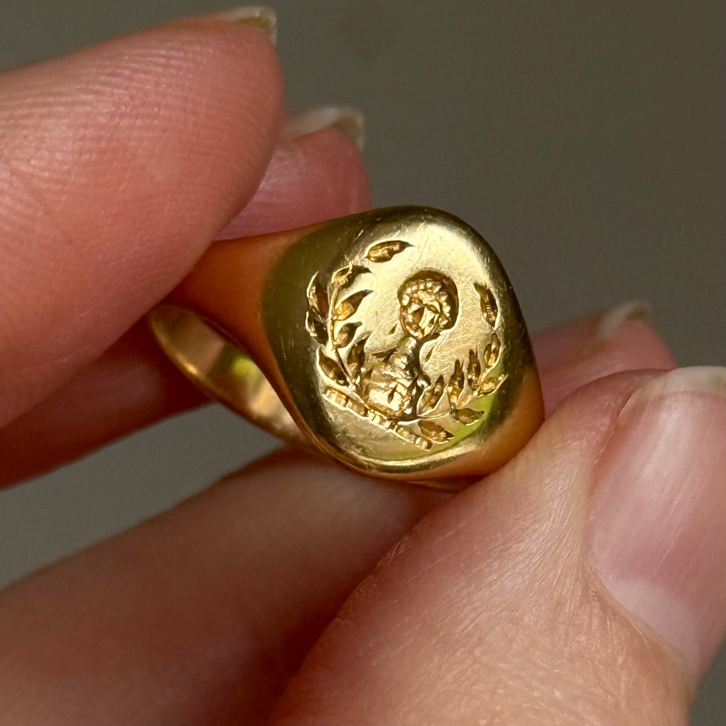 Antique Victorian Intaglio Heraldic Signet Ring in 18 Carat Gold; Circa 1890