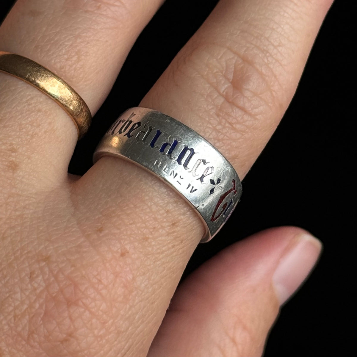 Victorian Enamel Quote Ring in Sterling Silver; Circa 1876