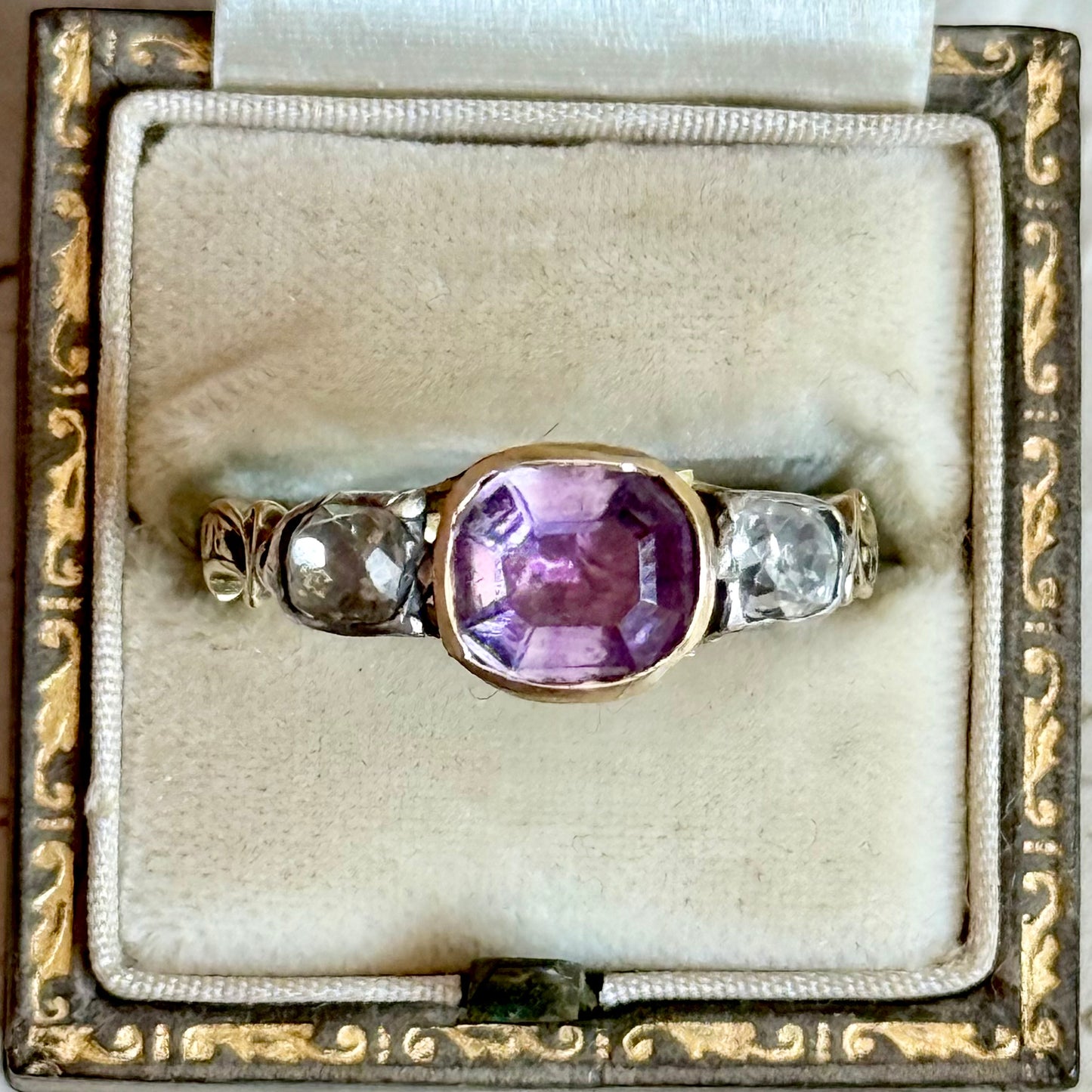 Georgian Diamond & Amethyst Mourning Ring; Circa 1767