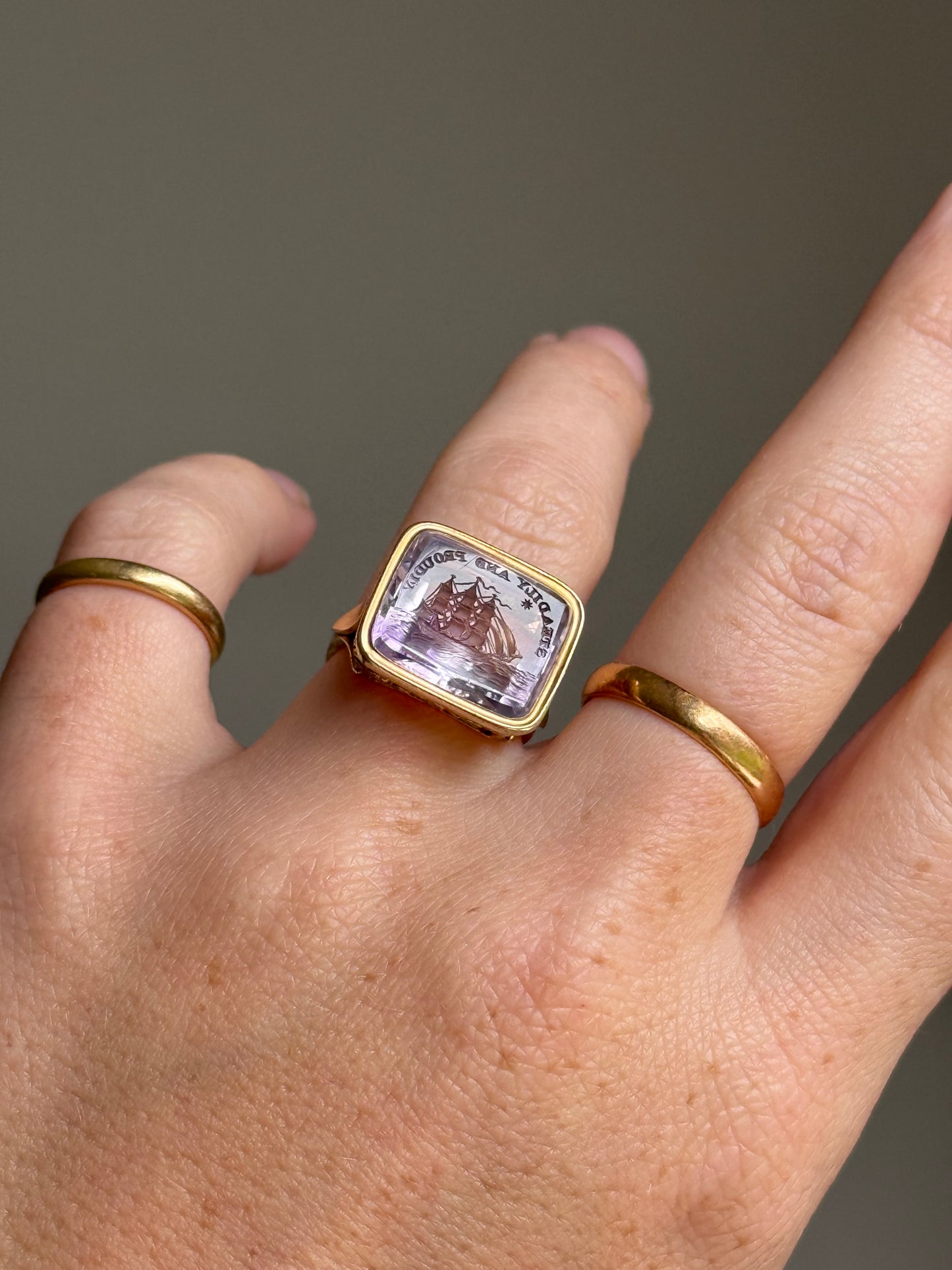 Georgian Amethyst Intaglio ‘Steadily and Proudly’ Conversion Ring,  Circa 18th Century