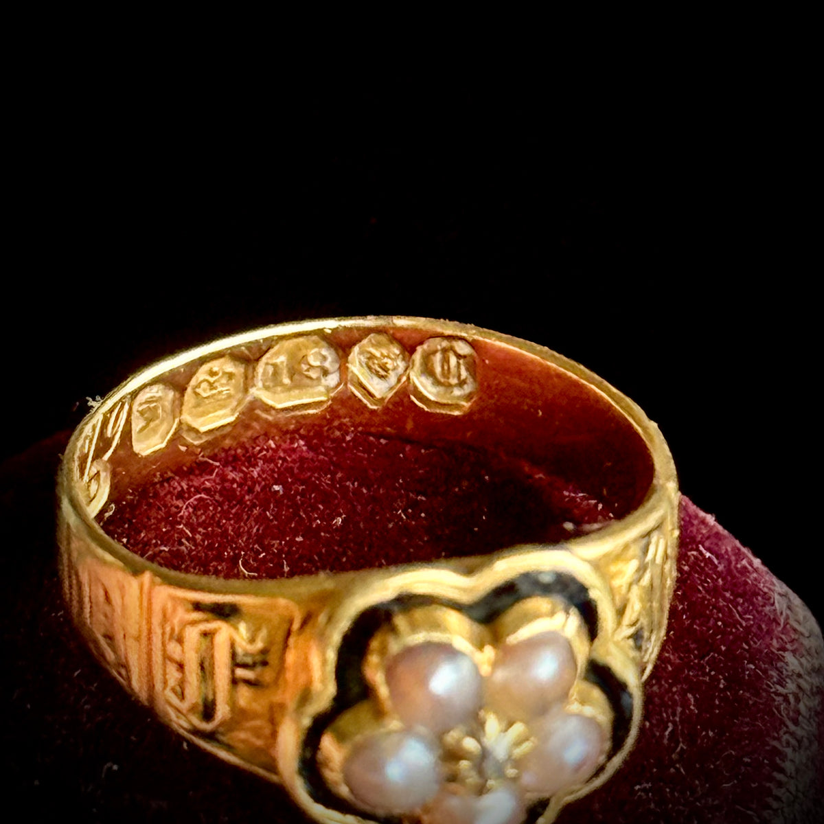 Victorian Diamond & Pearl Mourning Ring in 18 Carat Gold; Circa 1838