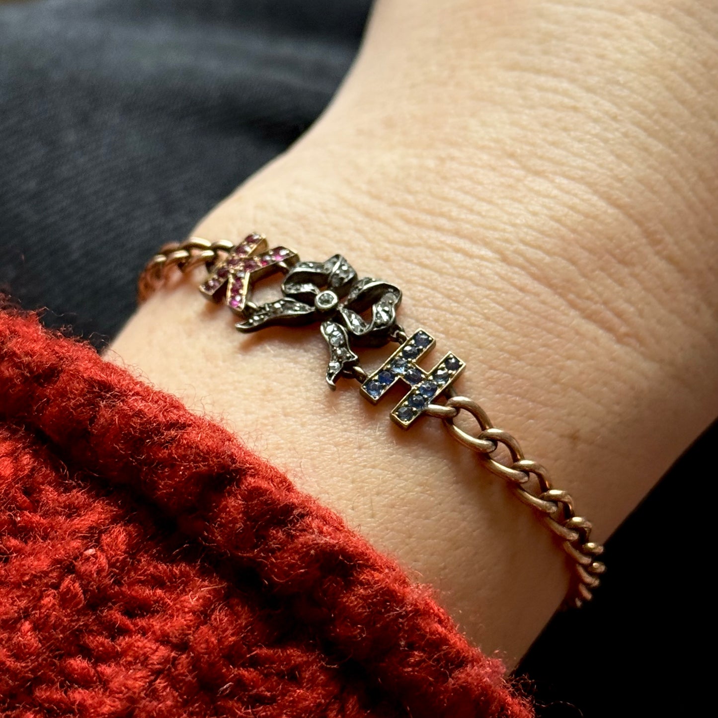 Antique 'K H' Diamond, Ruby & Sapphire Bracelet in 9 Carat Gold
