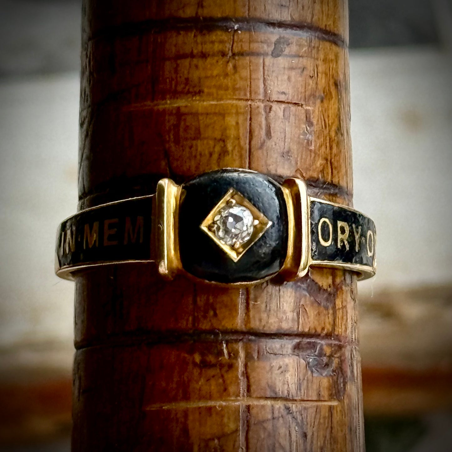 Antique Victorian Diamond Enamel Mourning Ring in 18 Carat Gold; Circa 1894