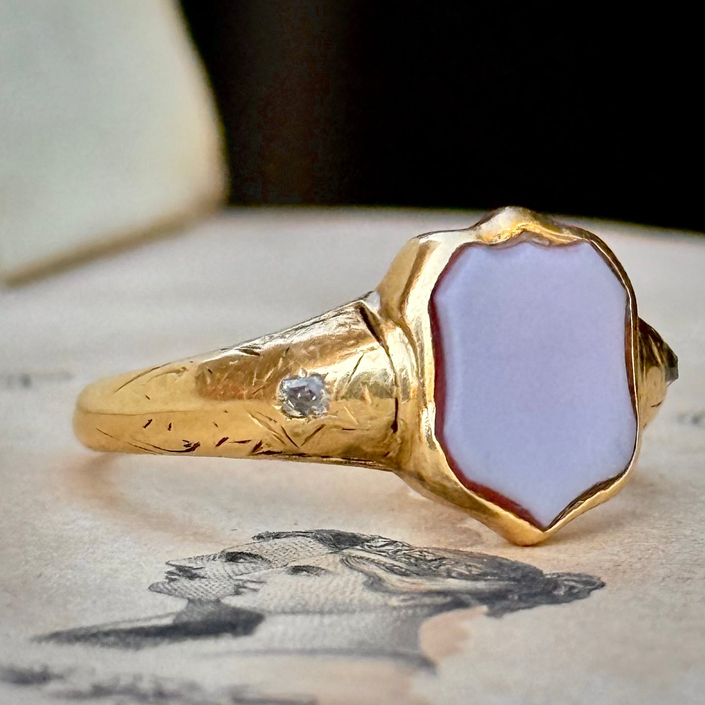 Antique Victorian Diamond Mourning Signet; Circa 1858